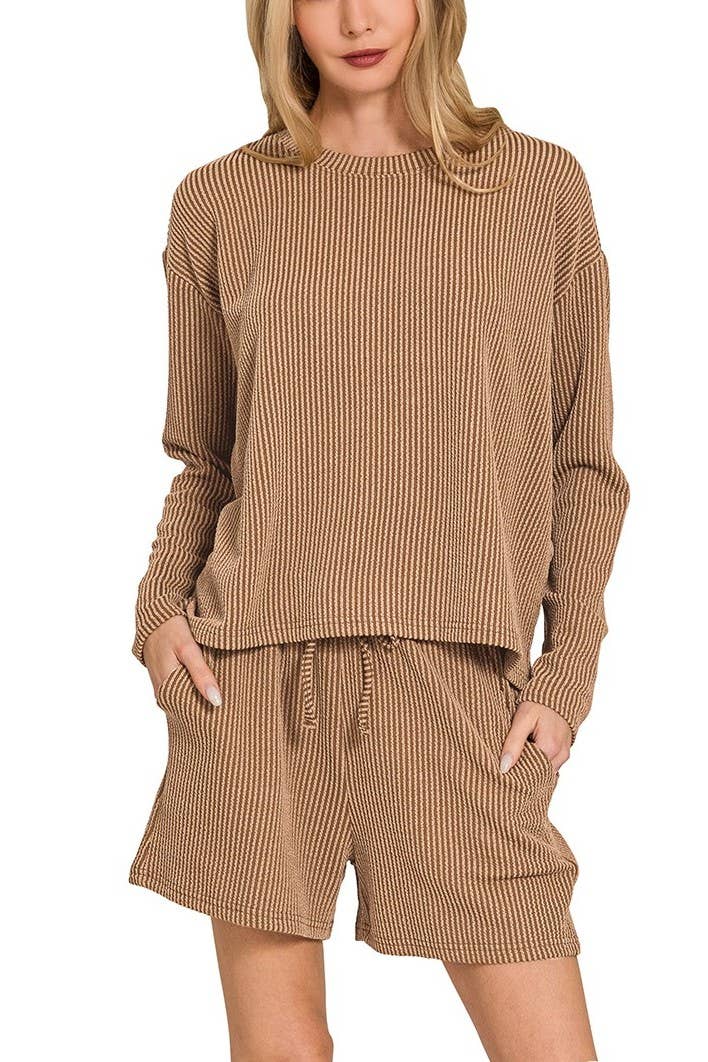 Raised Rib Long Sleeve Tee And Shorts Set