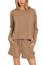 Raised Rib Long Sleeve Tee And Shorts Set