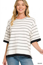Oversized Viscose Stripe Short Sleeve Sweater