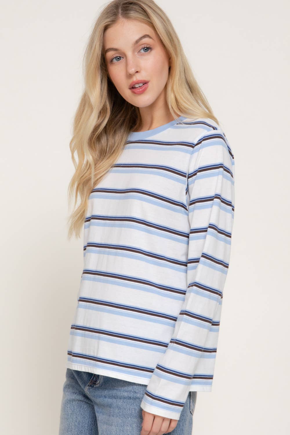 Long Sleeve Crew Neck Y/D Multi Striped Knit Top