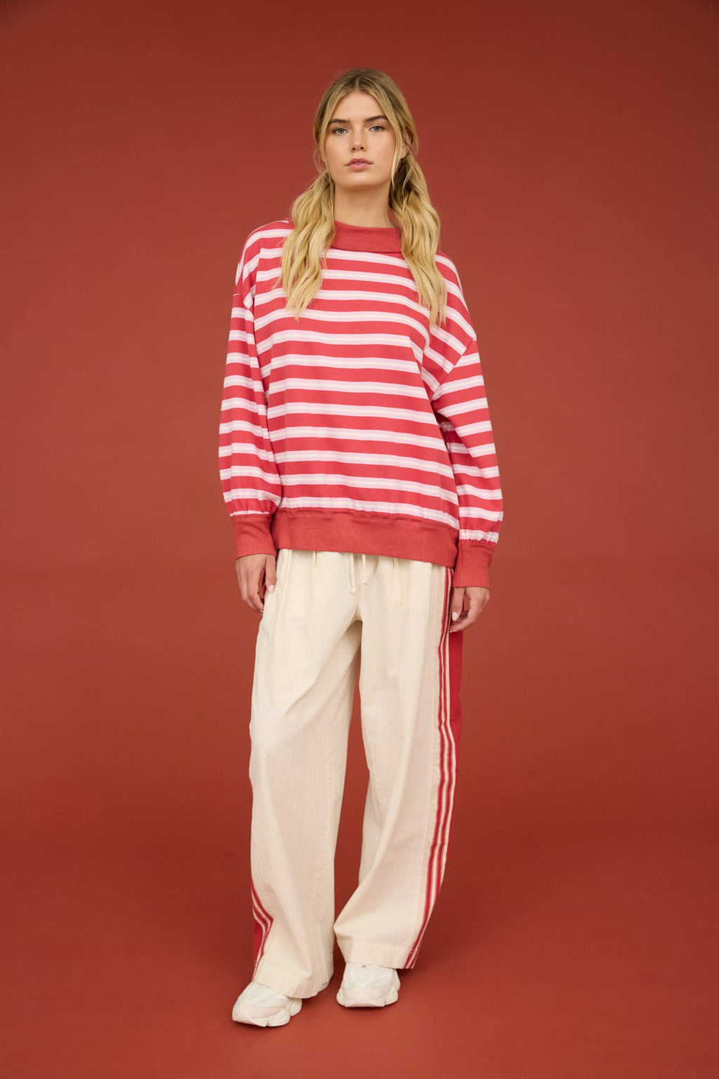 CONTRAST WIDE NECK LONG SLEEVE STRIPE KNIT TOP (PRE-ORDER)