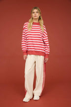 CONTRAST WIDE NECK LONG SLEEVE STRIPE KNIT TOP (PRE-ORDER)
