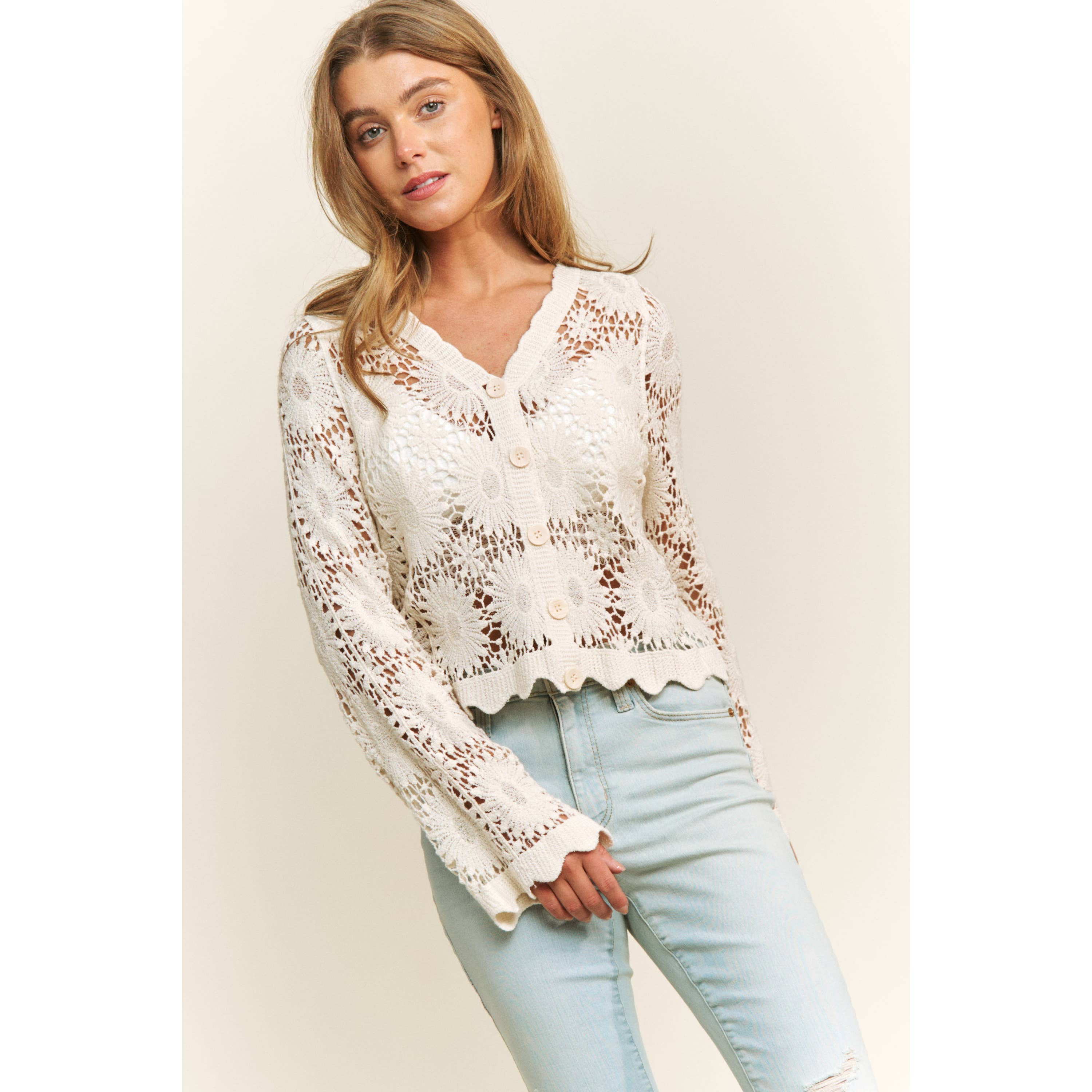 SCALLOP LACE FLORAL CROCHET BUTTON DOWN TOP