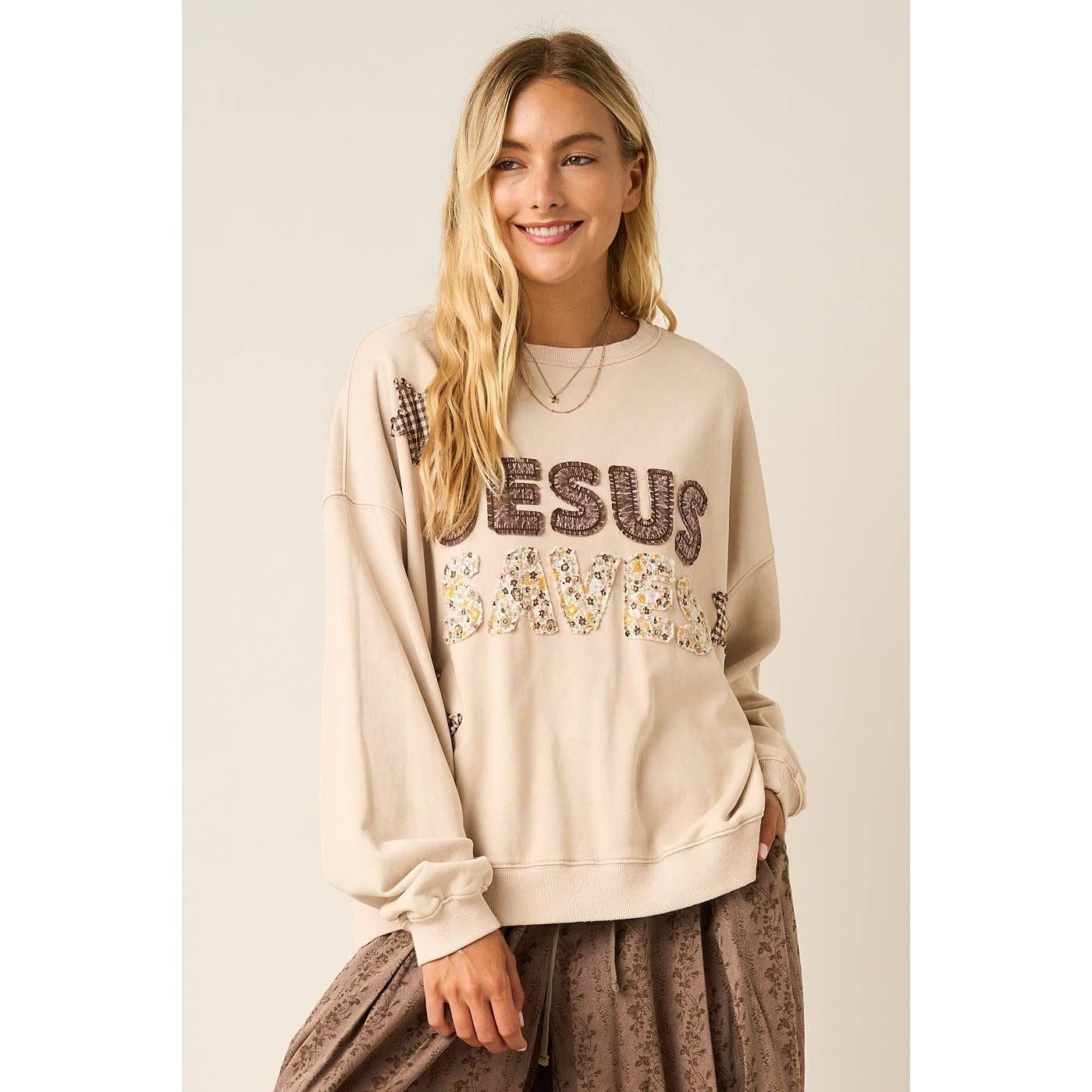 JESUS SAVES PATCHWORK CREW NECK SWEATSHIRT