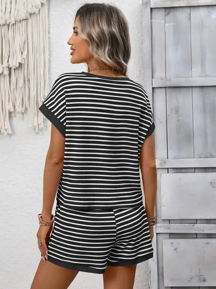Striped  Relaxed Fit Tee Short Set Lounge Outfit