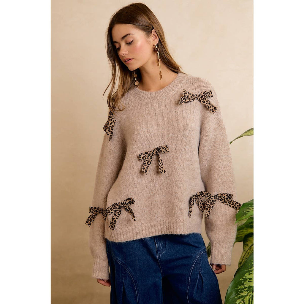 LEOPARD BOW ACCENT SOFT KNIT PULLOVER SWEATER