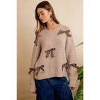 LEOPARD BOW ACCENT SOFT KNIT PULLOVER SWEATER