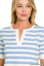 Split Neck Stripe Short Sleeve Sweater