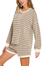 Raised Rib Striped Pullover And Shorts Set