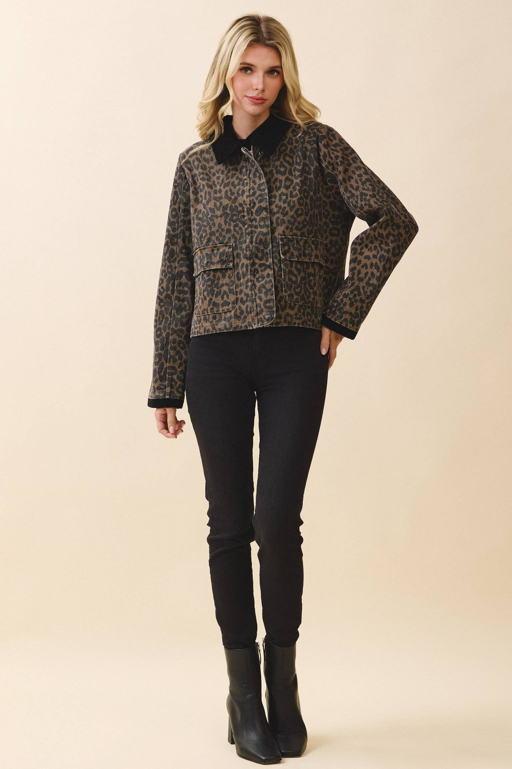 CJ6719-Leopard Print Contrast Corduroy Detail Jacket