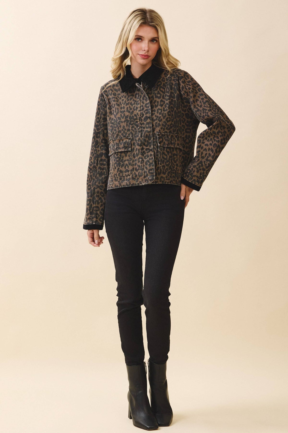 CJ6719-Leopard Print Contrast Corduroy Detail Jacket