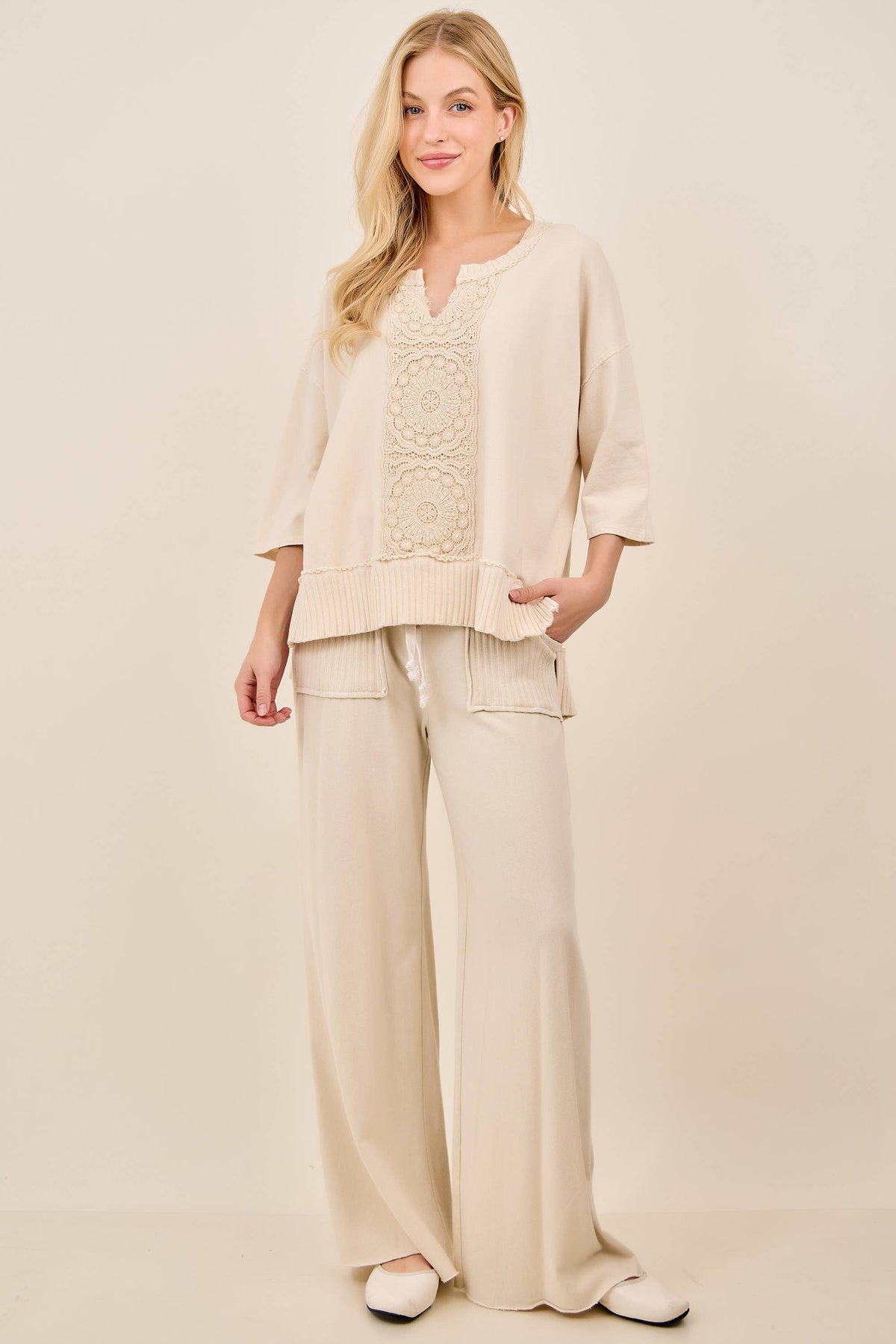 Mineral Wash Side Knit detail wide leg pants HE5878P