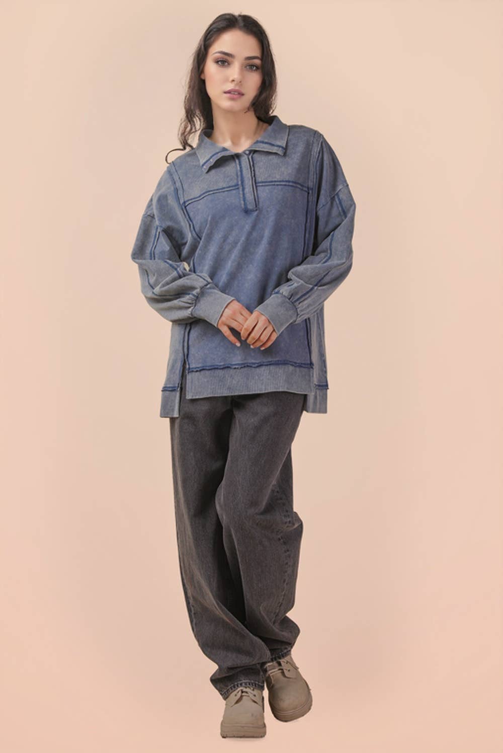 NT12365-Half Button Down Oversized Contrast Knit Top