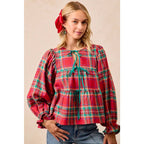 CHRISTMAS PLAID TOP WITH FRONT BOW TIED DETAILS