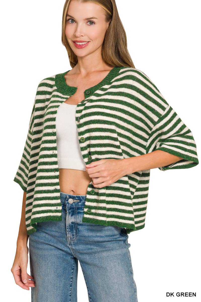 Striped Wool Blend Short Sleeve Cardigan Sweater