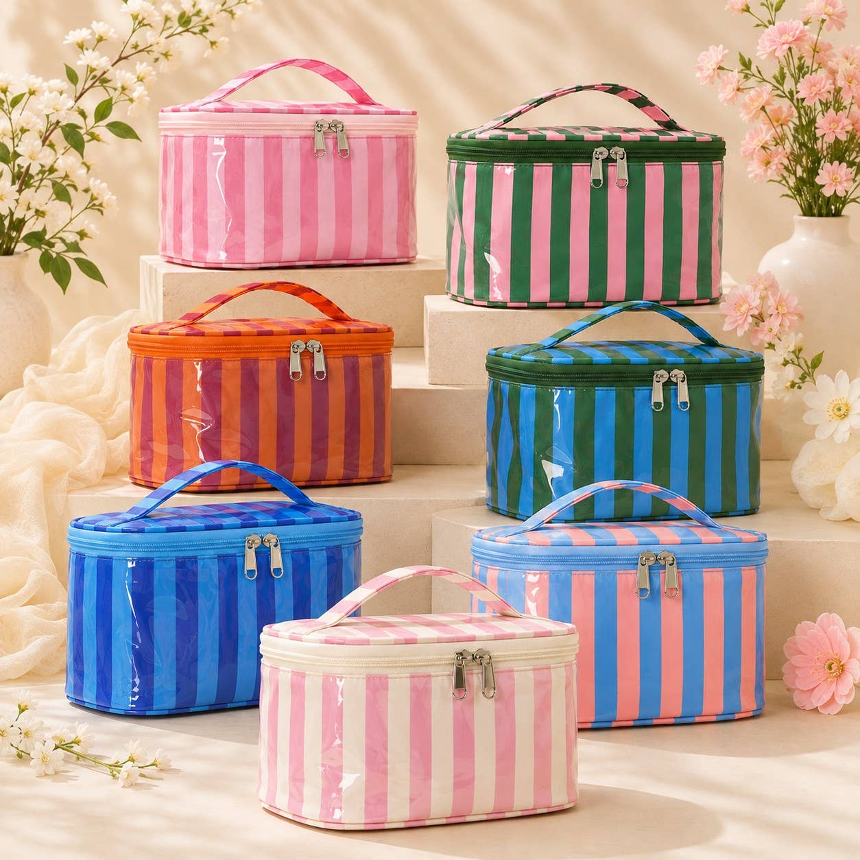 Striped Vinyl Cosmetic Makeup Travel Pouch Bags | 40P637