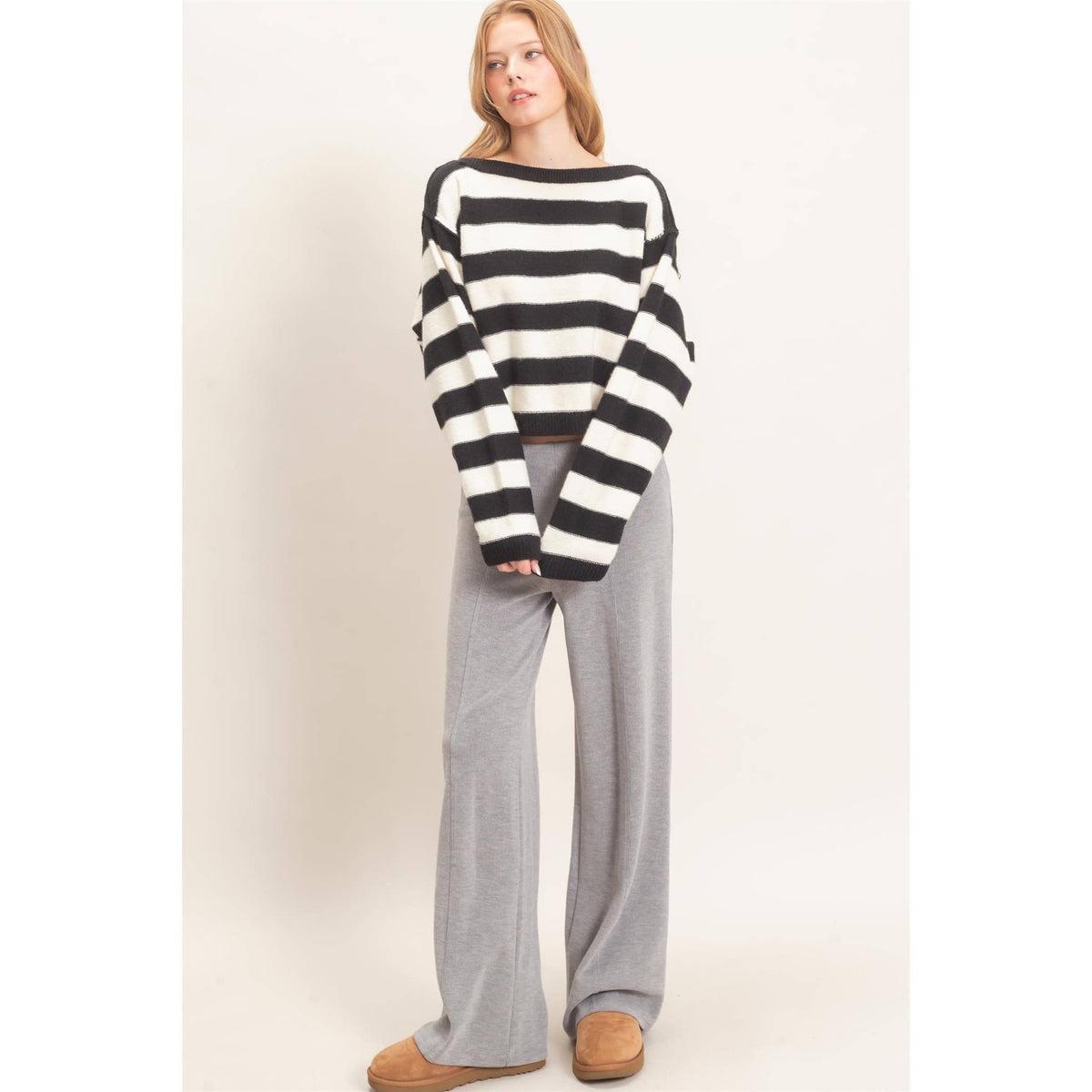 Striped Boat Neck Knit Sweater