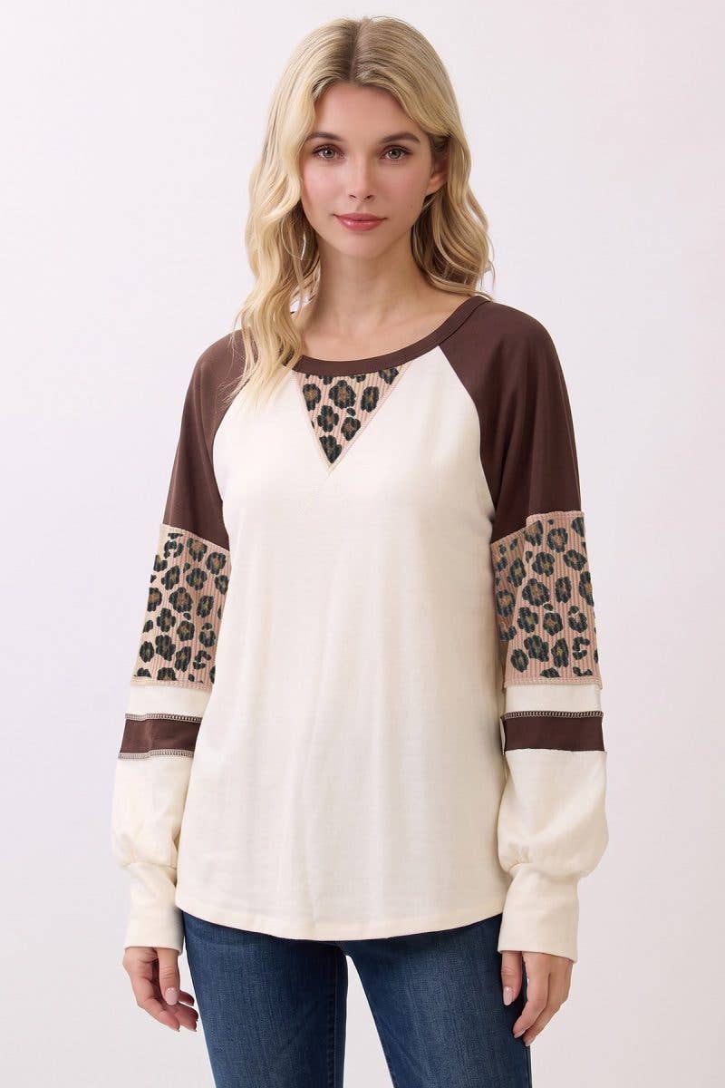 Leopard Print Color Block Raglan Pullover Top