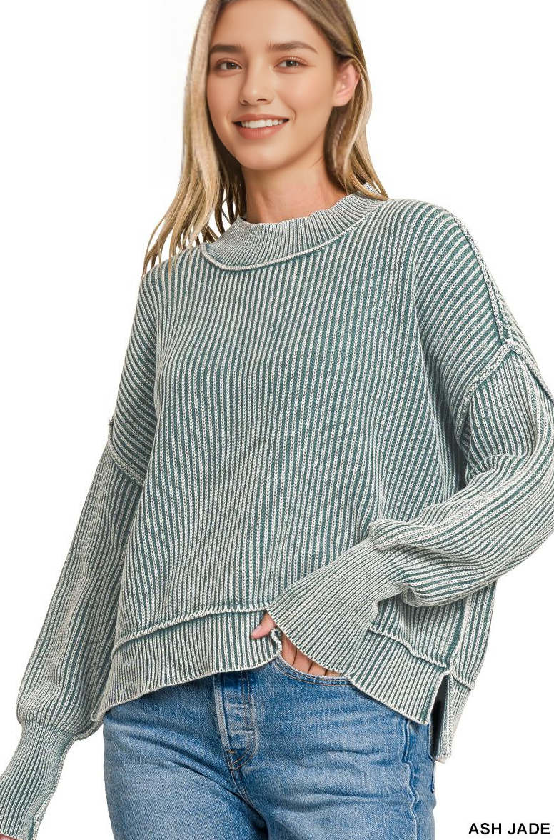 `Washed Side Slit Oversized Cropped Sweater SI-26510 Zenana