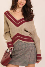 Contrast Trim V-neck Varsity Knit Sweater
