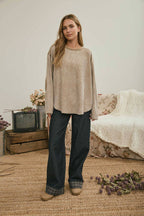 BOXY TEXTURED LONG SLEEVE WASHED KNIT TOP