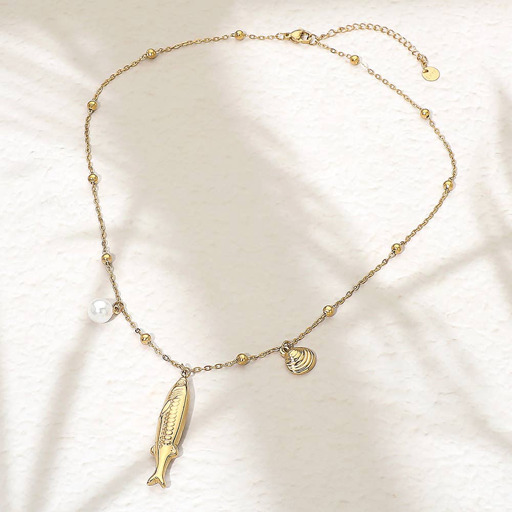 Stainless Steel Fish Pearl Shell Charm Station Necklace