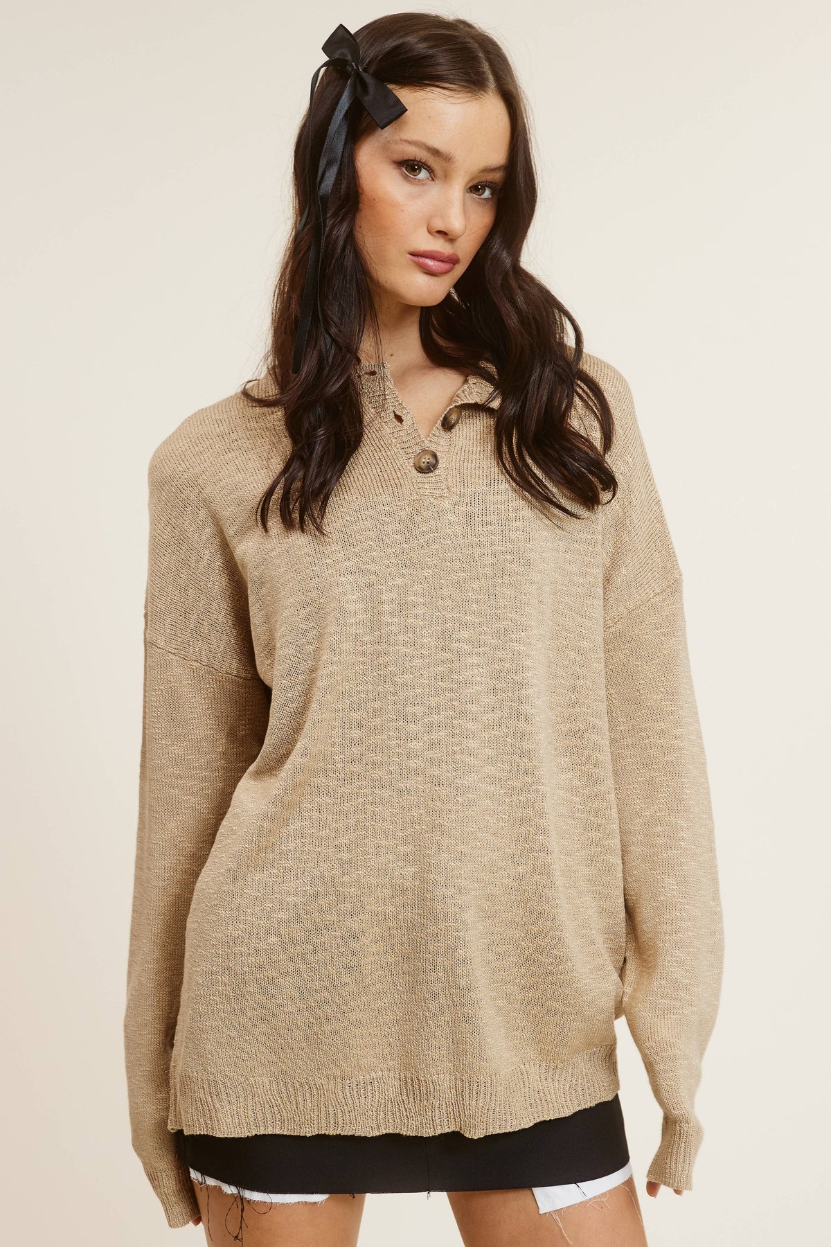 Baggy Knit Sweater with Henley Collar