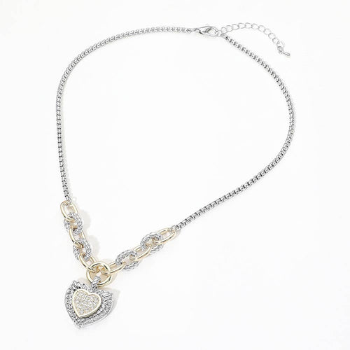 14K Gold Plated Two Tone CZ Pave Heart Pendant Necklace