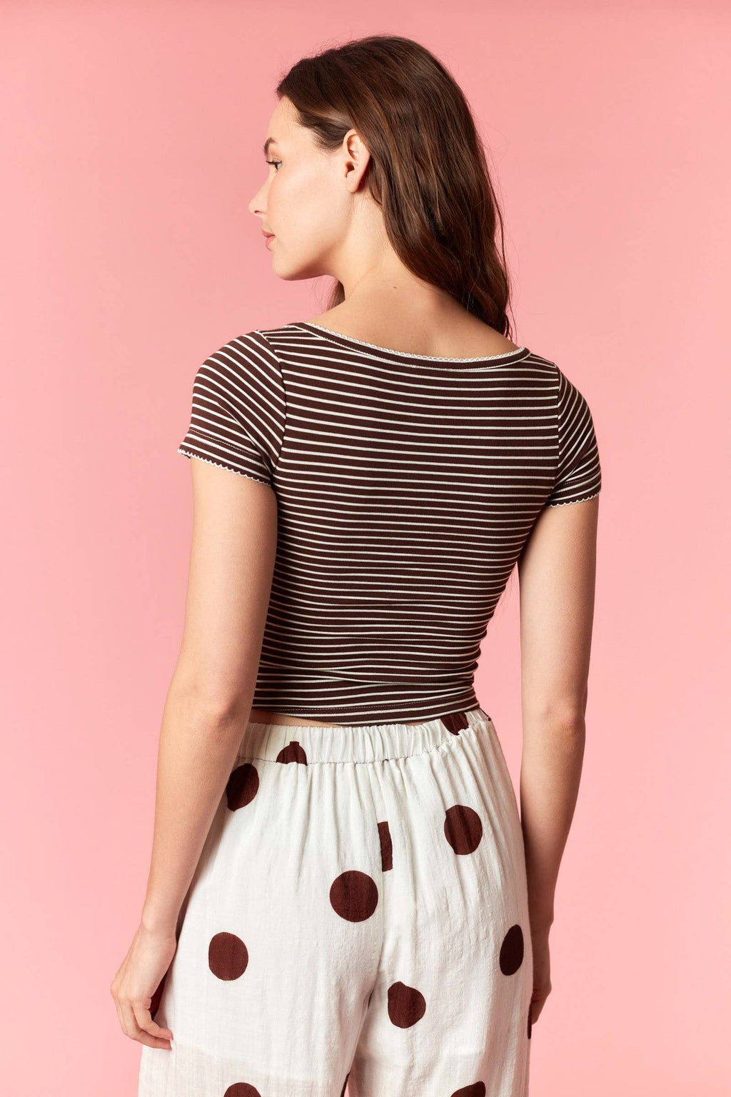 Stripe Cotton Jersey Scoop Neck Button Up Top