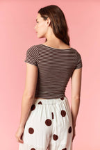 Stripe Cotton Jersey Scoop Neck Button Up Top