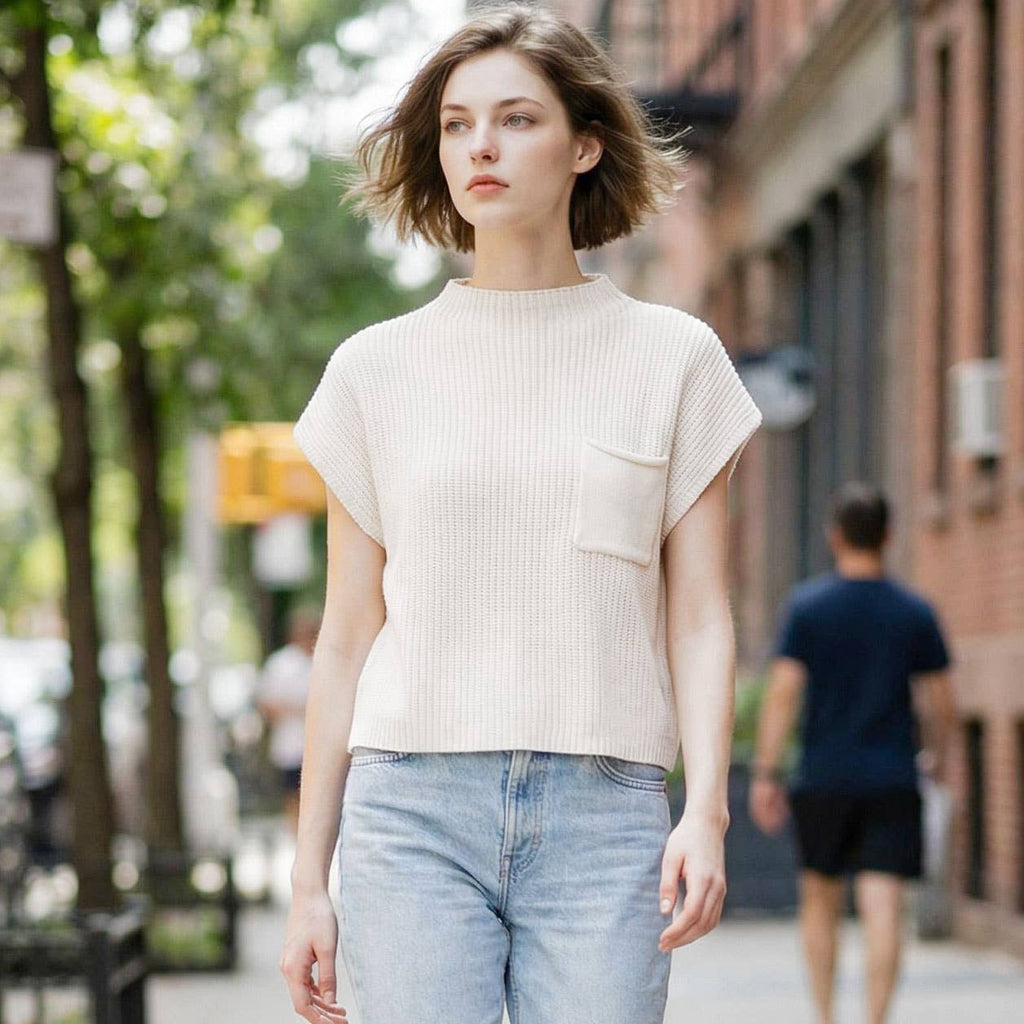 Mock Neck Short Sleeve Crop Sweater