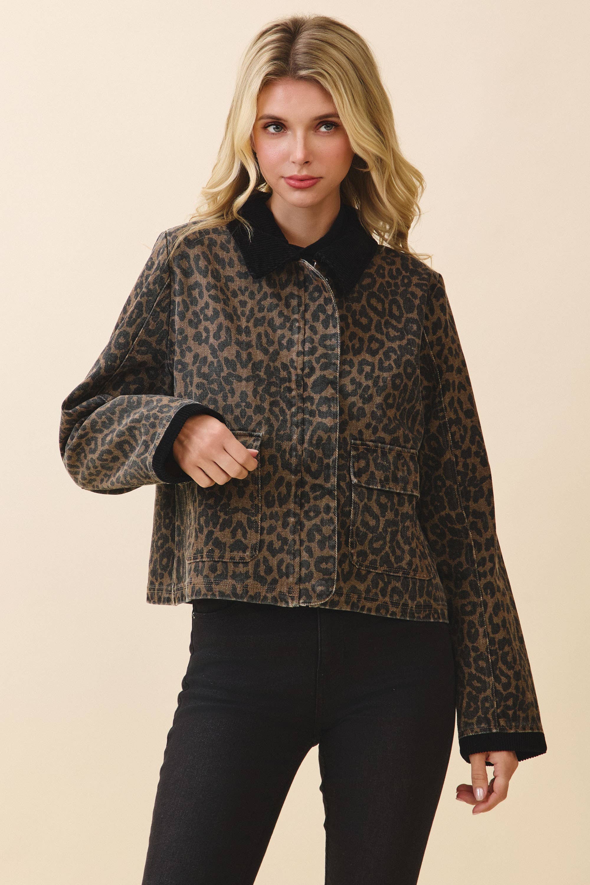 CJ6719-Leopard Print Contrast Corduroy Detail Jacket