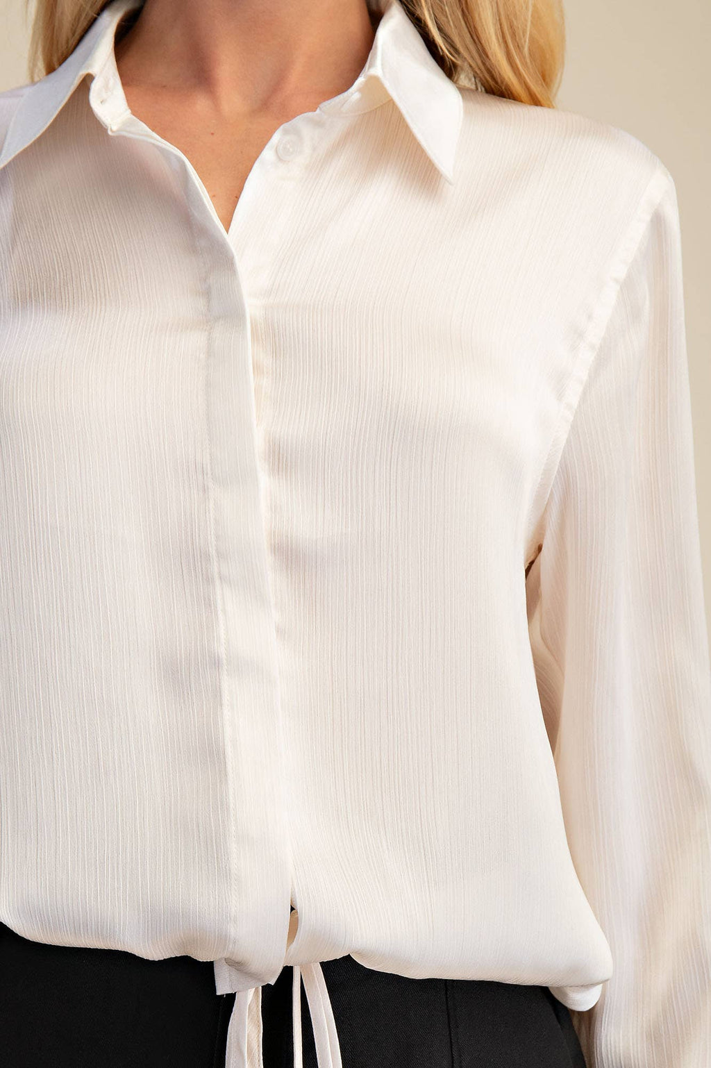 Collar Neck Long Sleeve Adjustable Drawstring Hem Shirt