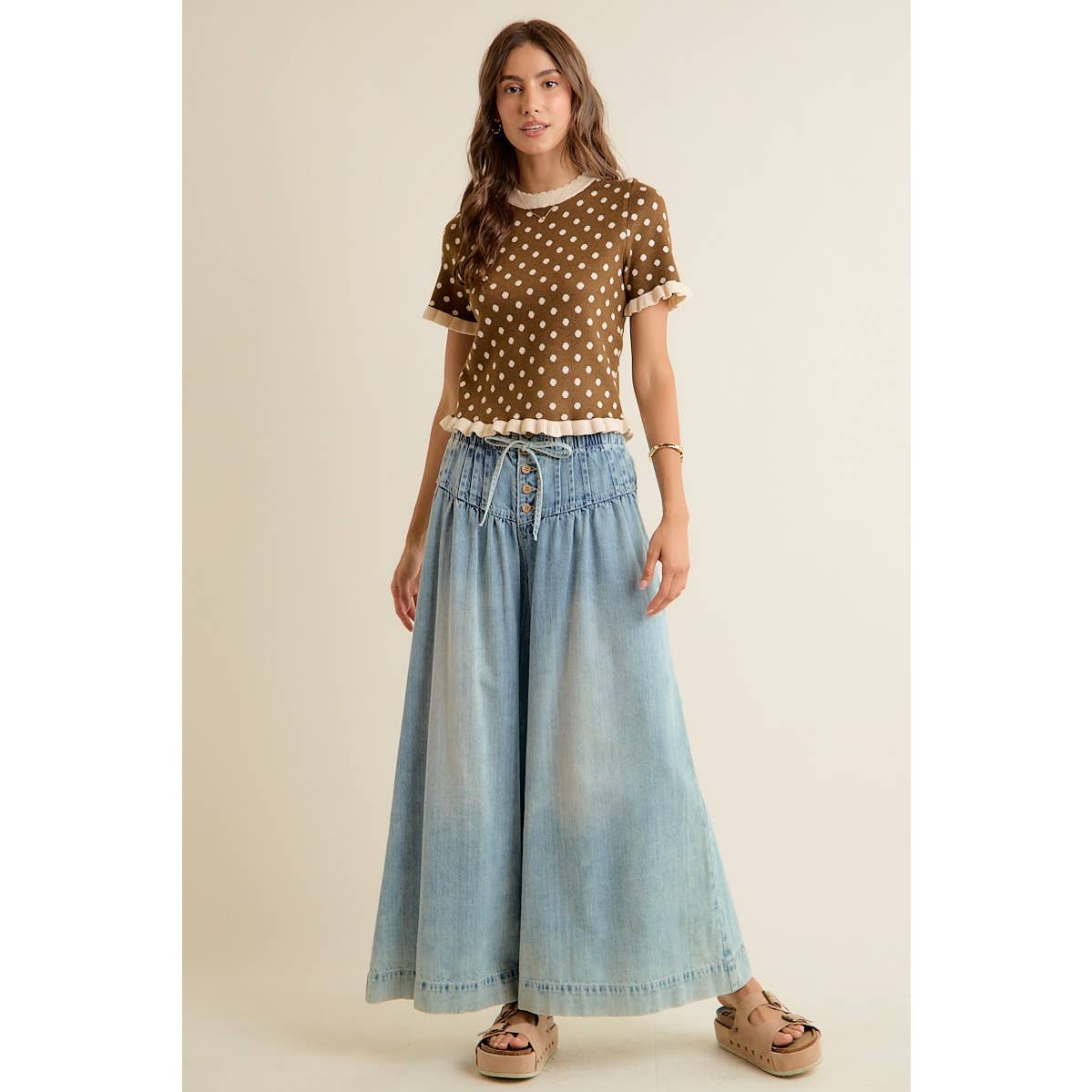 POLKA DOT RUFFLED SHORT SLEEVES SWEATER KNIT TOP