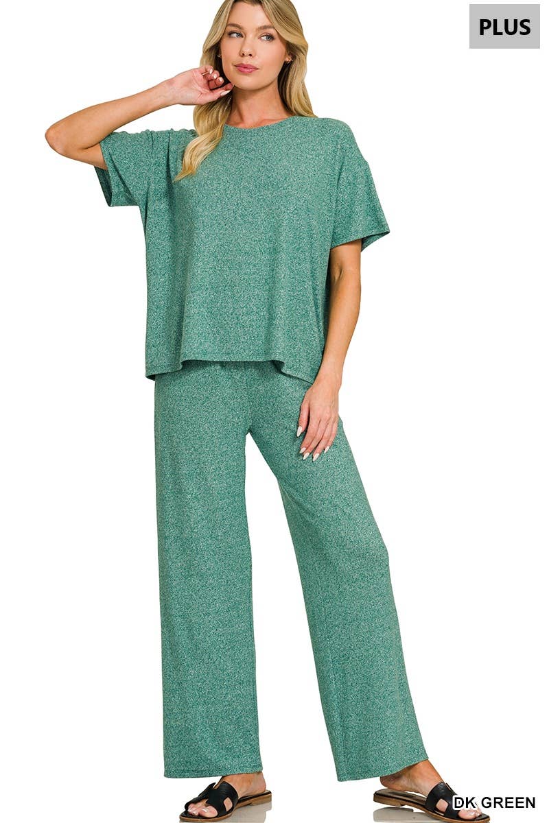 Plus Soft Melange Short Sleeve Tee & Long Pants Set - Zenana