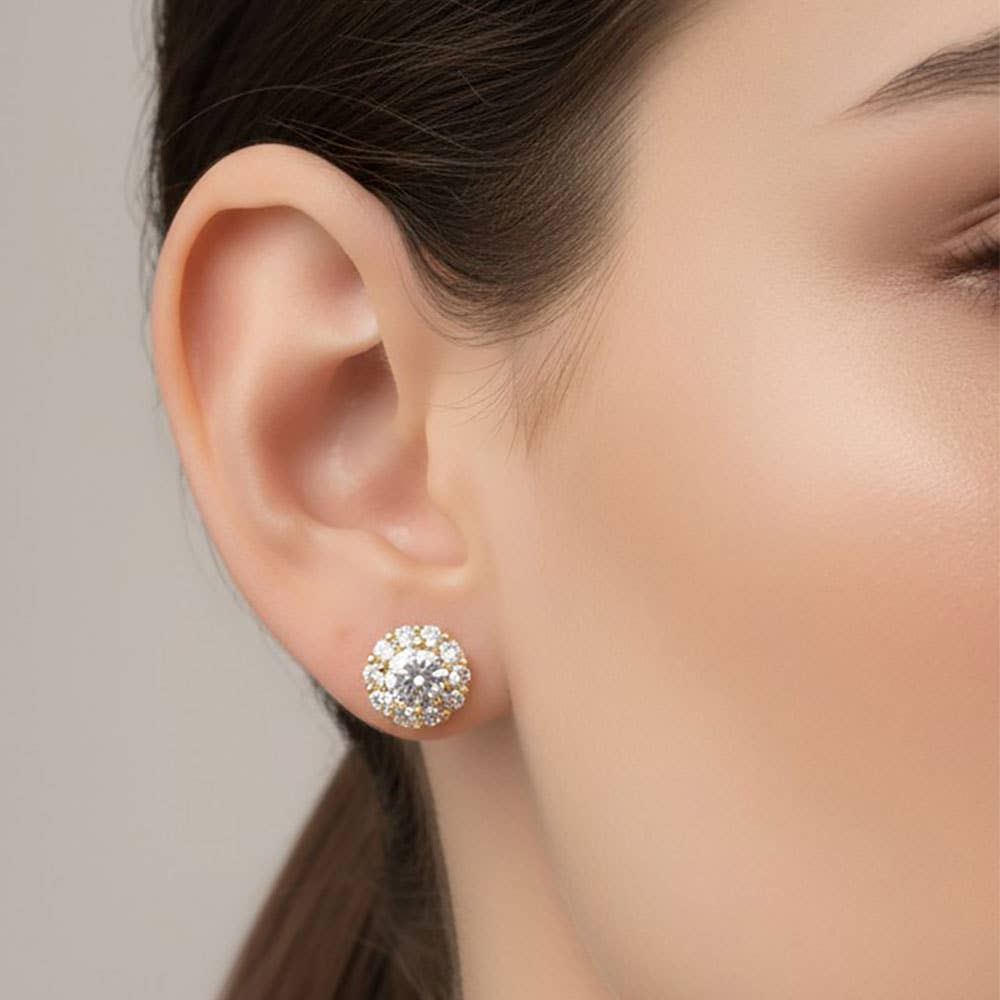 14K Gold Dipped Dainty Round Halo CZ Stud Earrings