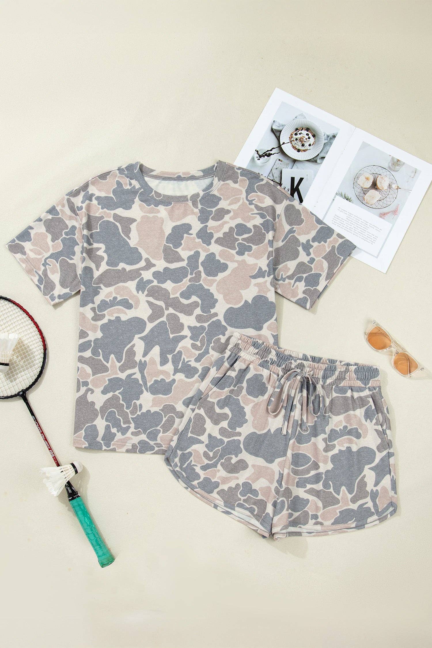 PRETTY BASH Camo Loose Tee & Drawstring Shorts Set