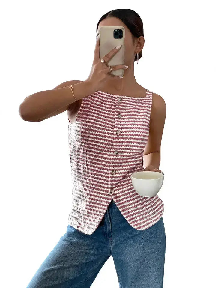 Striped Knit Tank Button Front Sleeveless Casual Summer Top