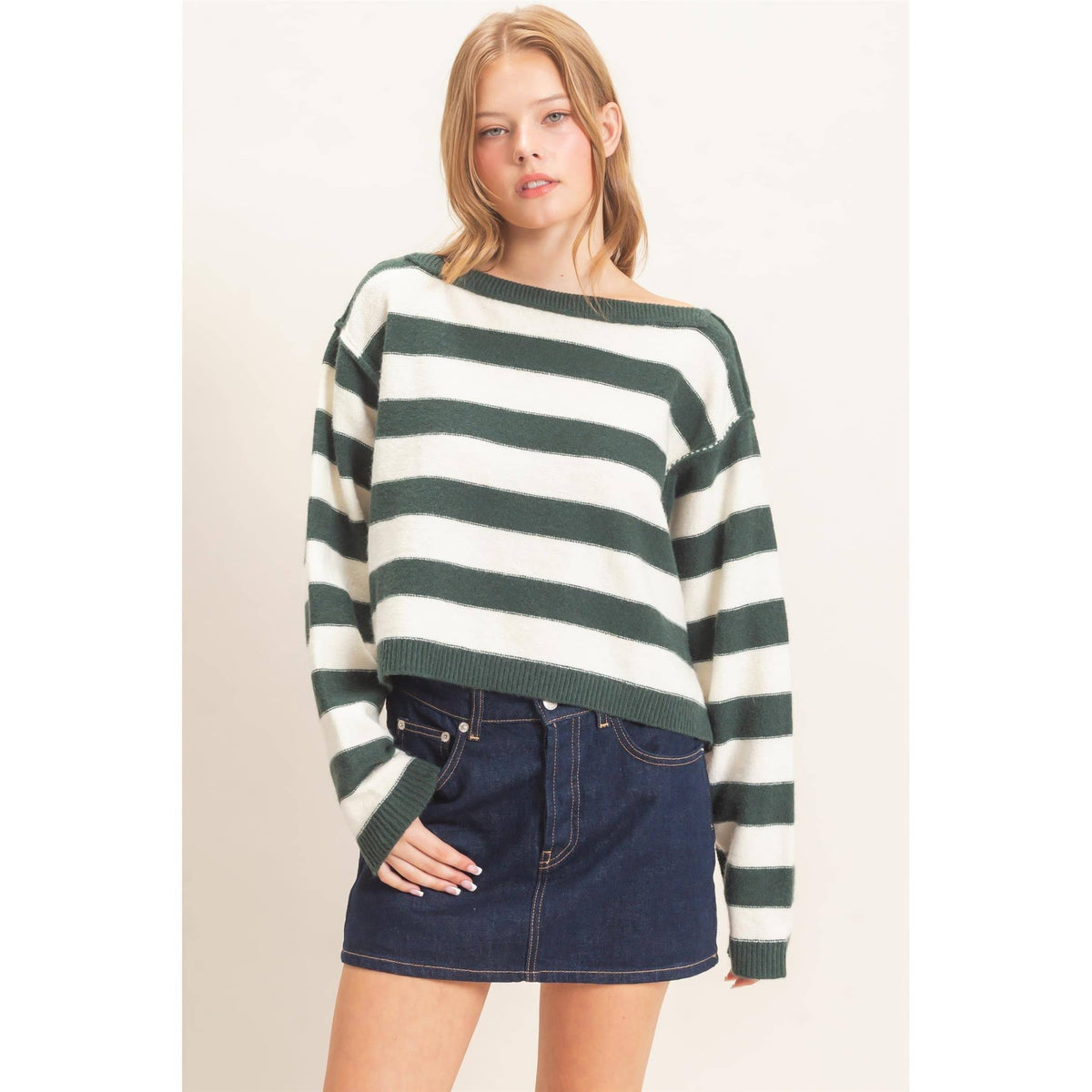 Striped Boat Neck Knit Sweater