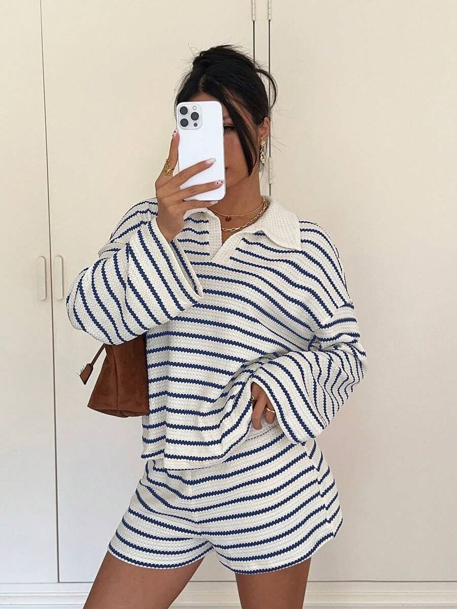 Striped Polo Lounge Set Resort Textured Collared Oversized