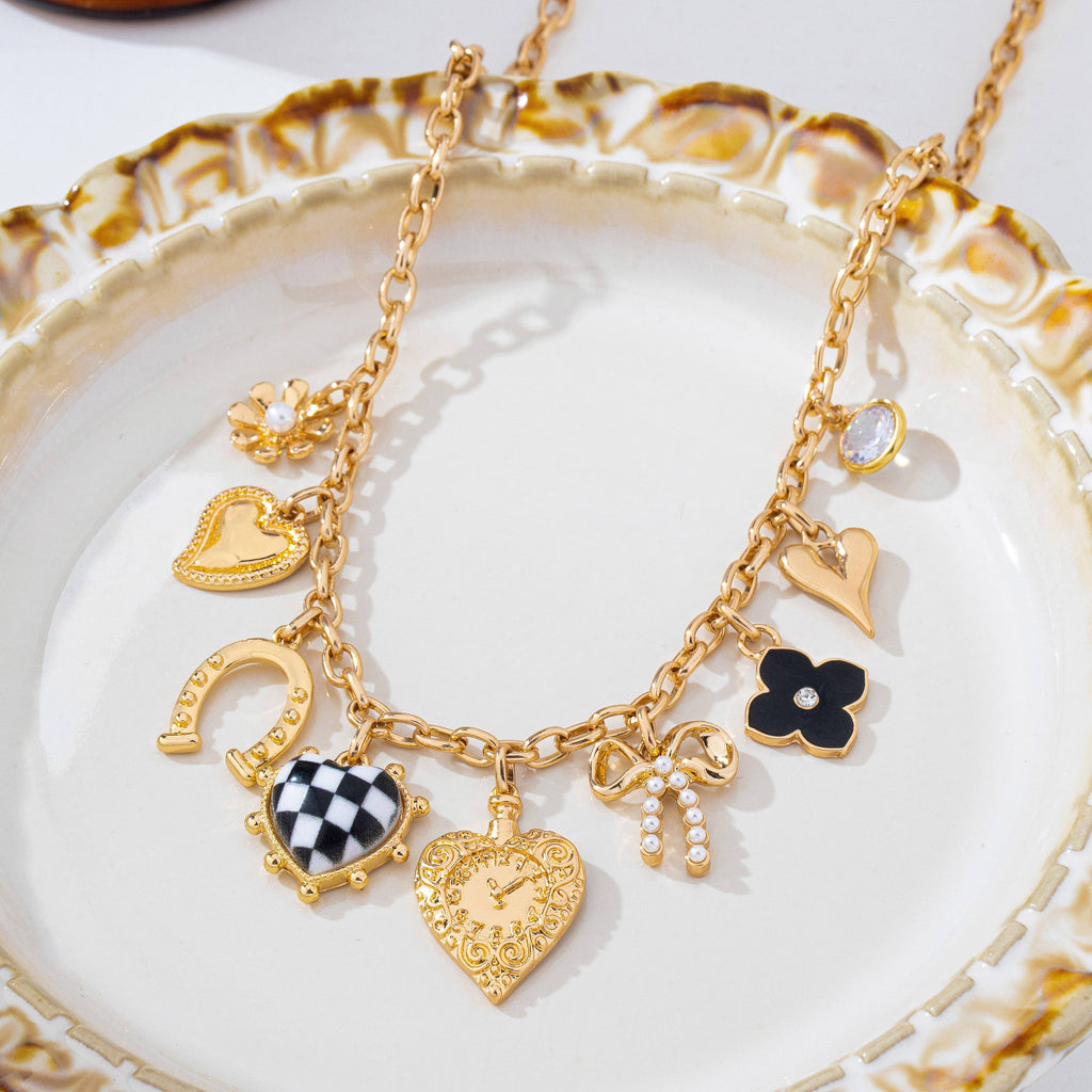 Checkered HeartPearl Bow Multi-Charm Link Necklace| 80N93113