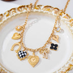 Checkered HeartPearl Bow Multi-Charm Link Necklace| 80N93113