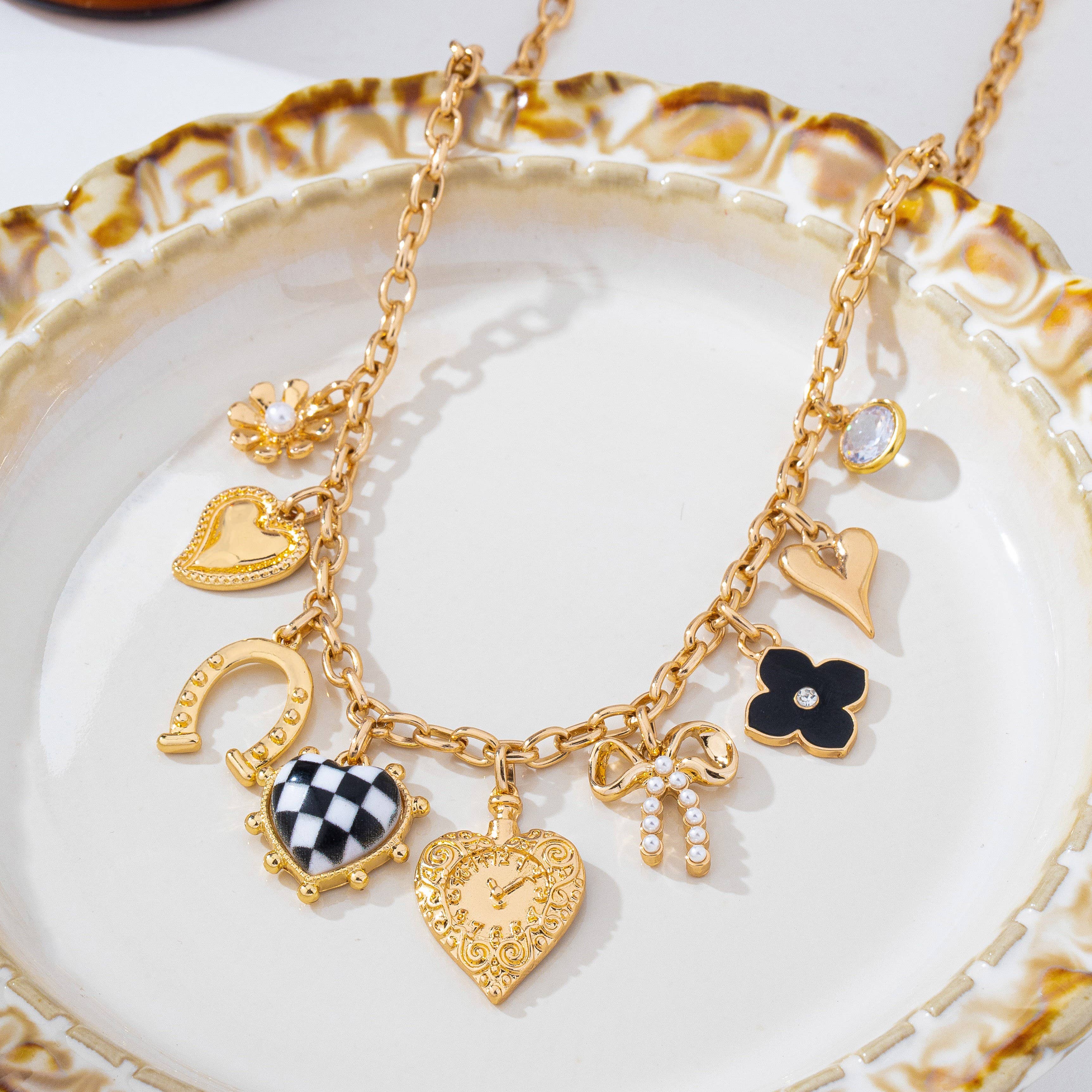 Checkered HeartPearl Bow Multi-Charm Link Necklace| 80N93113