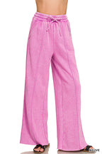 Acid Washed Fleece Pintuck Wide Leg Pants w/ Pockets
