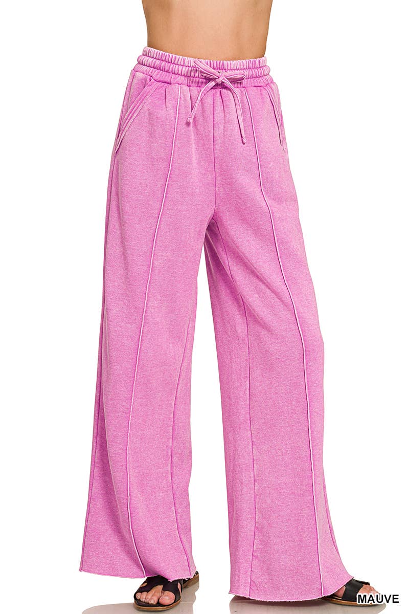 Acid Washed Fleece Pintuck Wide Leg Pants w/ Pockets