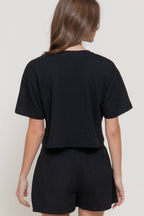 Short Sleeve Round Neck Print Knit Crop Top