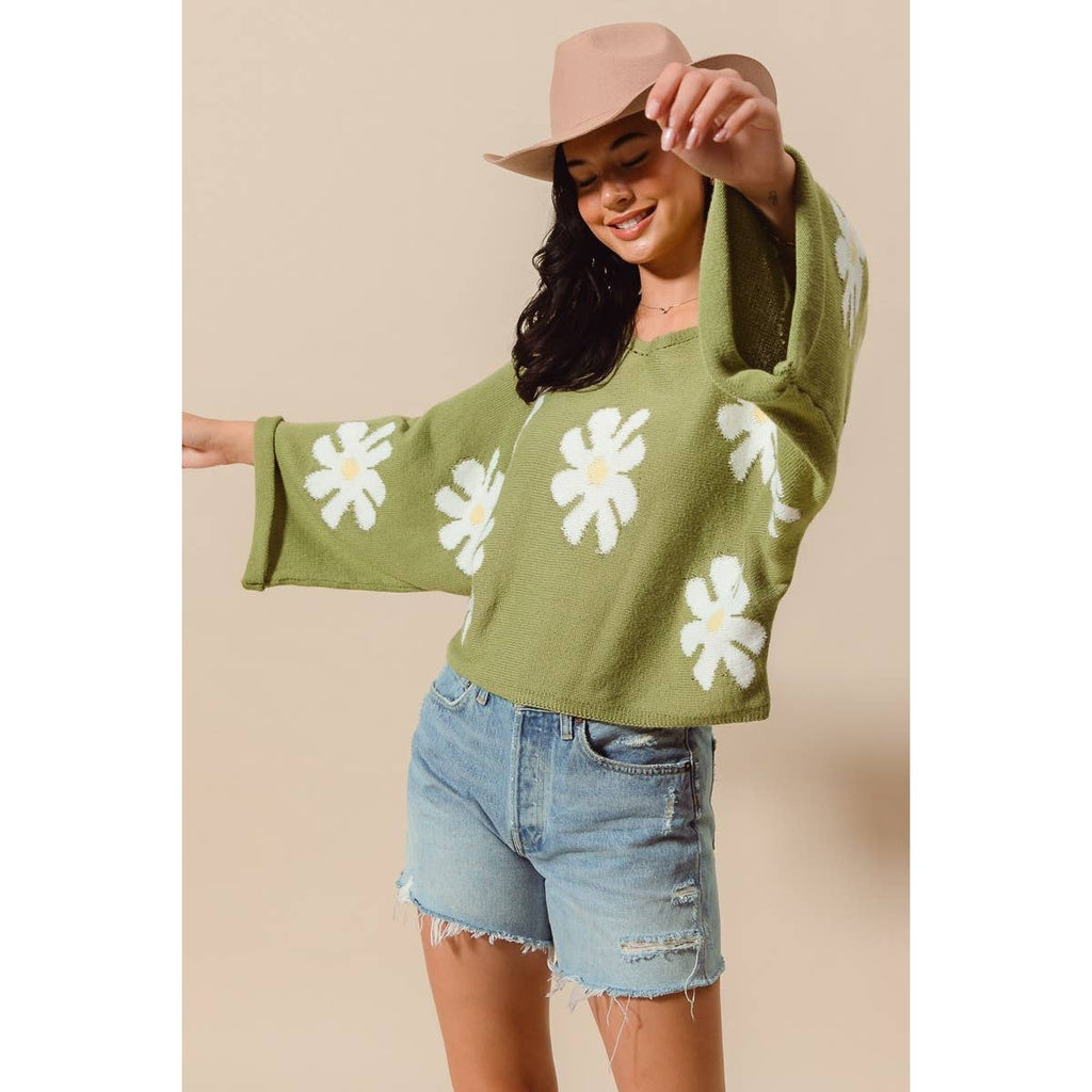 DAISY FLORAL PATTERN KNITTED SWEATER TOP