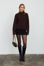 RIBBED ROLLED MOCK NECK CROPPED KNIT SWEATER
