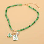 Mahjong Tile Charm Pearl Floral Bead Ball Charm Pendant Beaded Necklace