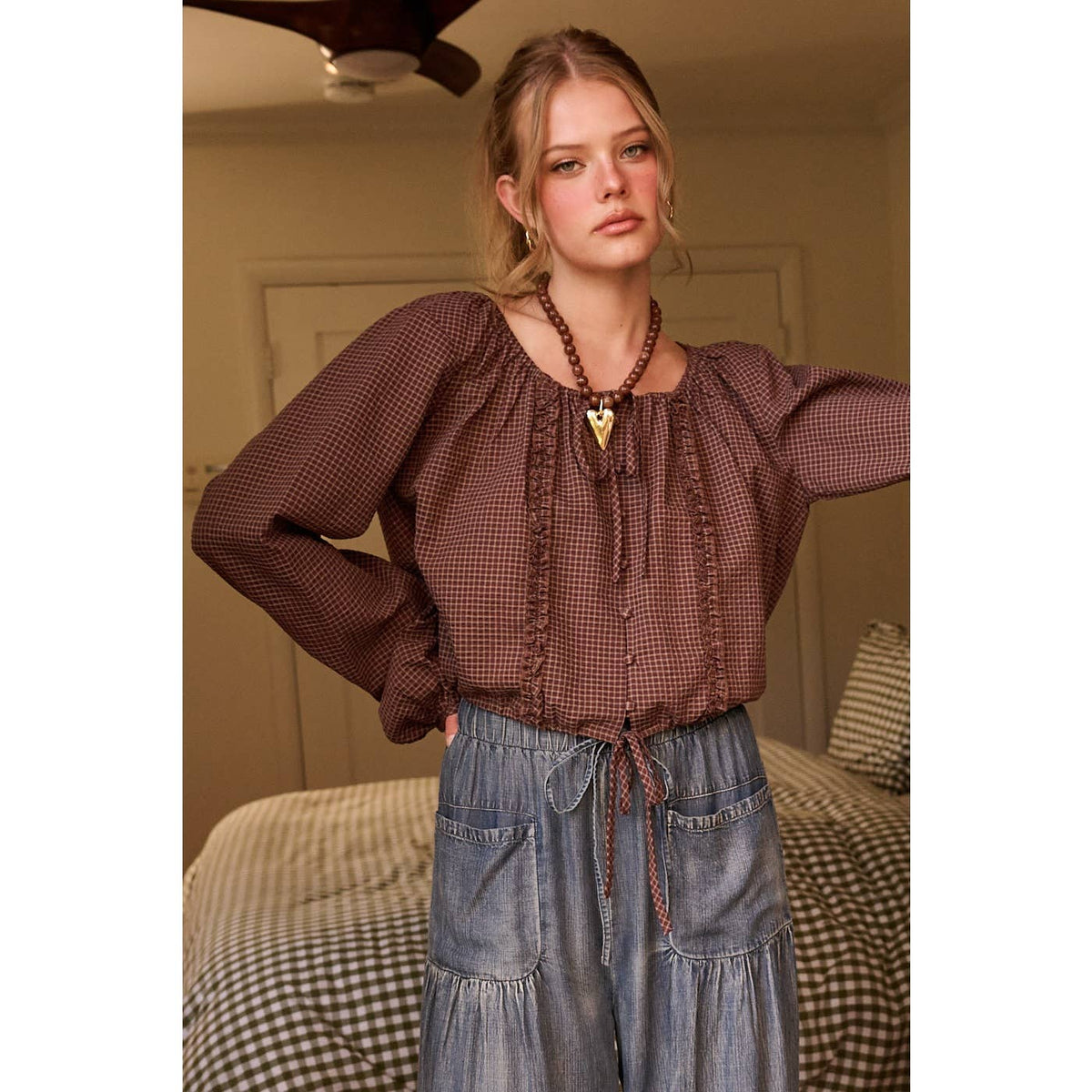 CHECKERED RUFFLE TRIM TIE FRONT LONG SLEEVE TOP